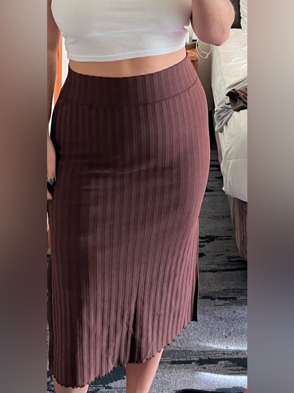aerie Ribbed Pencil Midi Skirt in Chocolate Brown